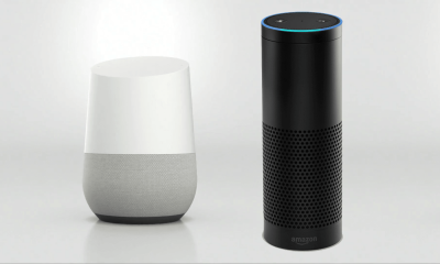 Google Home met Assistant (L) en Amazon Echo met Alexa (R)