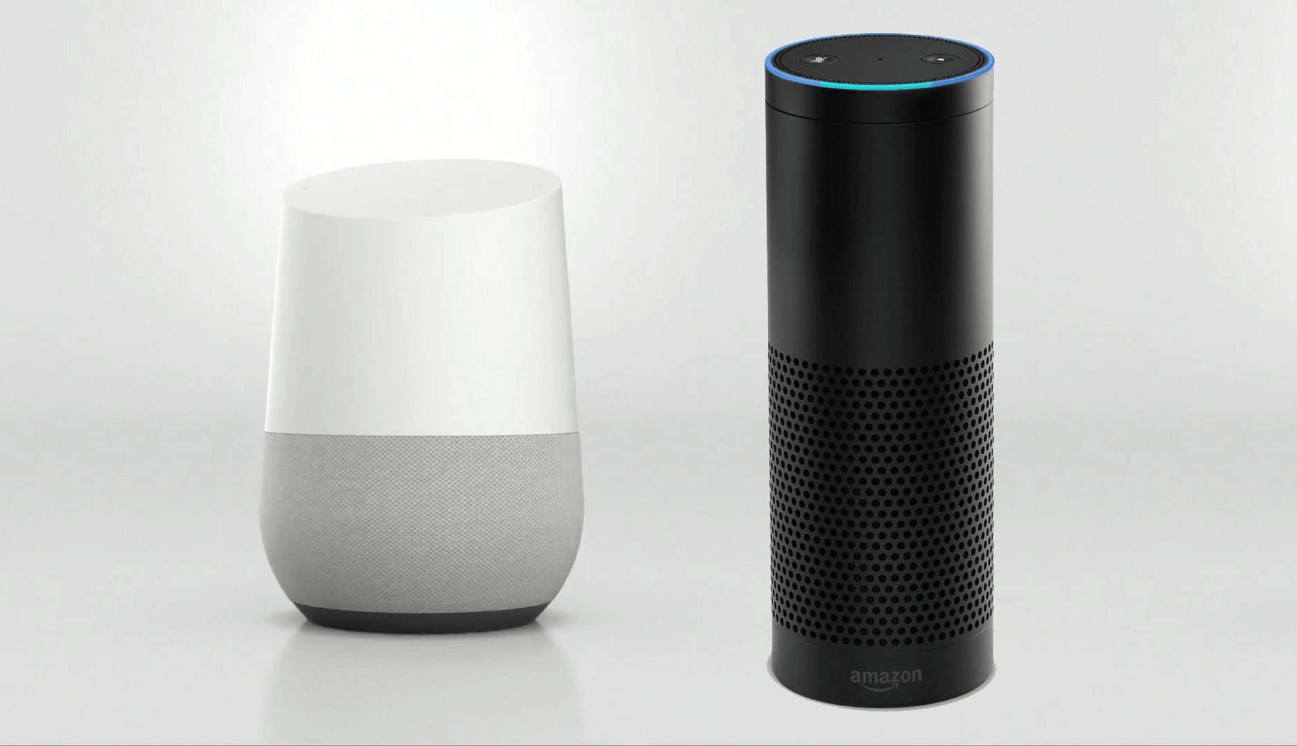 Google Home met Assistant (L) en Amazon Echo met Alexa (R)